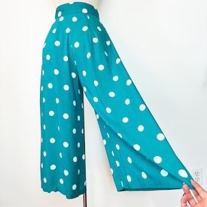 POLKA DOT Teal blauw groen wit Leger jaren 1980 jaren &#39;80 Vintage Rayon hoge taille wijde pijpen Gaucho Box geplooide Palazzo broek broek broek 25w XS