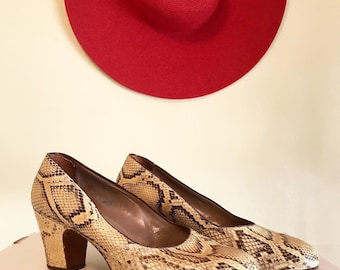 PYTHON SNAKESKIN BABYDOLL Vintage Duitse Hartmann gemaakt jaren 1940 1950's 40s 50s lederen hoge hakken swing pumps schoenen 8,5