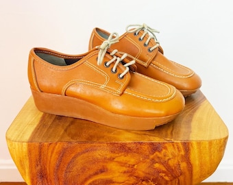 E.S. Originales DEADSTOCK 1970's 70s Vintage Retro Boho Disco Plataformas Butternut Naranja Marrón Snub Nosed Brogues Zapatos Lace Up Oxfords 6.5