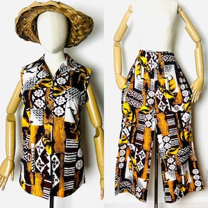 Rare HAWAIIAN 1960’s 60s Vintage Nylon Beach Tea Timer Tiki Aloha Tunic Blouse Sleeveless Top Shirt Wide Leg Lounge Pants Suit Set S M