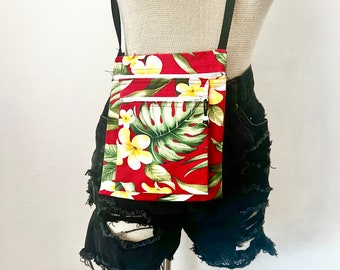 Bolso bandolera de viaje con estampado floral PLUMERIA HAWAIIAN de los años 90, estilo Y2K, color rojo y amarillo.