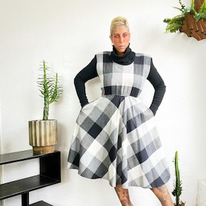 grey plaid pinafore dress Inspire Chic Women's Tartan Plaid Suspender Skirt Vintage High Waist A-Line Midi Overall Dress XS Grey, Brown