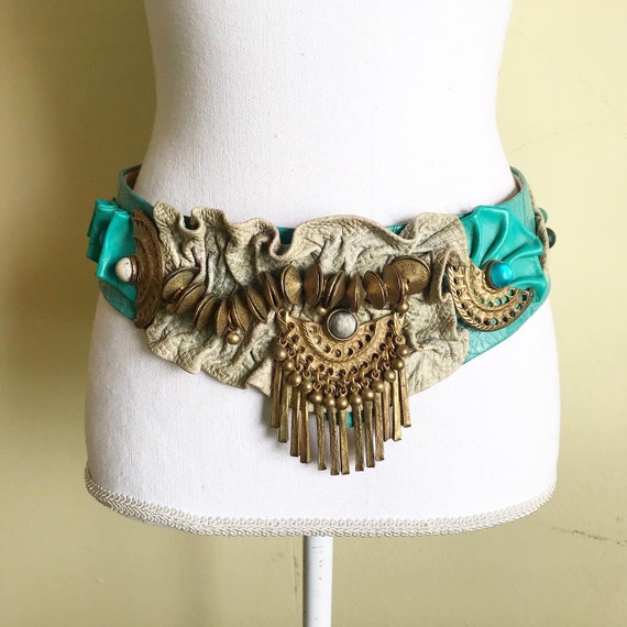 NINA ARJANI DESIGNER Turquoise Blue Leather & Gray