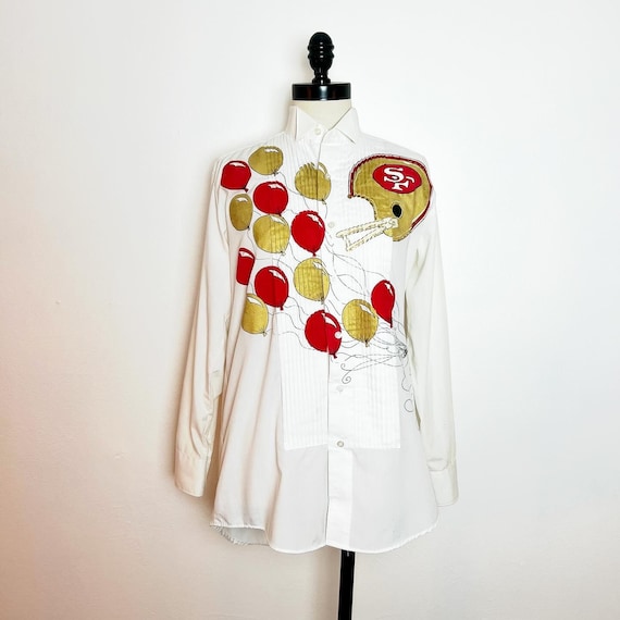 49ers dress shirt San Francisco 49ers Super Bowl Party NFL FOOTBALL 90's 90s Hand Painted  Vintage Balloons Helmet Pin Tuck Tuxedo Dress Shirt Size S 40 Chest