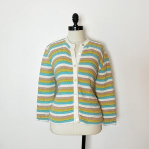 LAYER CAKE 1960’s 60s 1970’s 70s Vintage Retro Striped Blue Yellow White Brown Beige Acrylic Knit Moon Glow Buttons Cardigan Sweater L Xl
