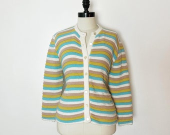 LAYER CAKE 1960’s 60s 1970’s 70s Vintage Retro Striped Blue Yellow White Brown Beige Acrylic Knit Moon Glow Buttons Cardigan Sweater L Xl