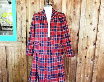 SELTENES PENDLETON SET 1960er 60er Jahre Rot & Blau Streichholzschachtel Fensterscheibe Karo Box Plissee Schulmädchen Herbst A-Linie Rock Anzug 49er Jacke Blazer M L 40b