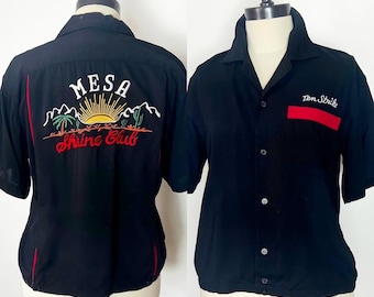 MESA Shrine Club 1990’s 90s Vintage Black & Red Adjustable Vented Embroidered Gabardine Ten Strike Bowling Pinup Shirt Blouse Top 40b M L