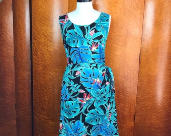 HILO HATTIE Vestido de día estilo hawaiano, estilo retro, rockabilly, pinup, estilo hawaiano, estilo tiki, luau, aloha, de algodón, con flores, estilo tropical, talla L