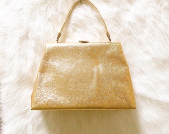 LARGE GOLD METALLIC Pebbled Lame 50er 1960er Vintage 50er 60er Rockabilly Abend Cocktail Party Hochzeit Handtasche Geldbeutel Tasche mit Innentasche