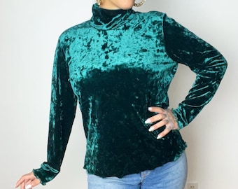 Blusa de cuello alto con borde festoneado, estilo retro, estilo gótico, bohemio, estilo años 90, color verde abeto, de terciopelo aplastado, años 90, Y2K, talla grande