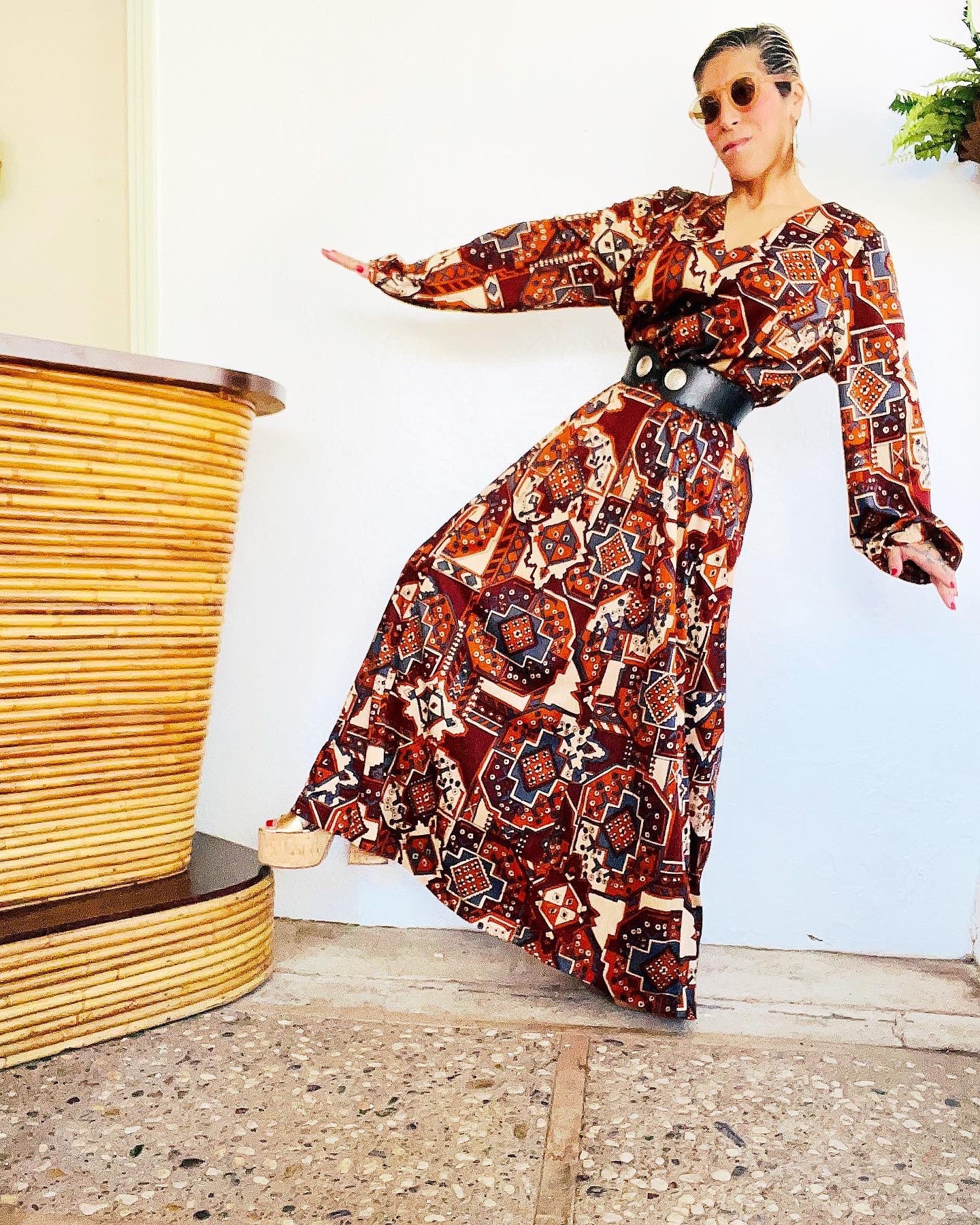 結婚祝い Boho ETHNIC MOROCCAN Geometric Vintage 70s 1970's Print フォーマル・ドレス・スーツ