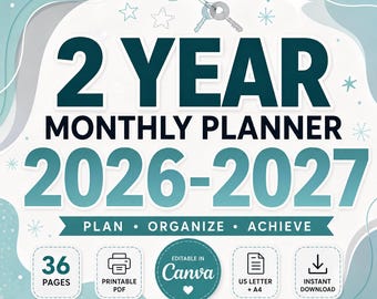 2026-2027 Monthly Planner | 2 Year Printable PDF | Editable Canva Template (Digital Download)