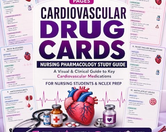 Cardiovascular Drug Cards, Nursing Pharmacology Study Guide, NCLEX Prep, Cardiac Medications, Nursing School Digital Download PDF
