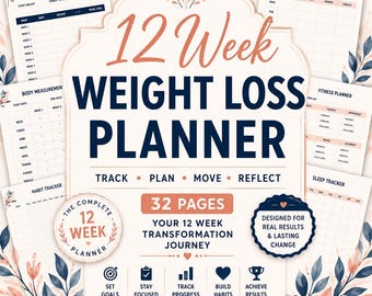12 Week Weight Loss Planner, Printable Fitness & Wellness Tracker (Digital Download)