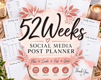 Planificateur de médias sociaux sur 52 semaines, calendrier de contenu, outil de marketing d'entreprise (téléchargement numérique)