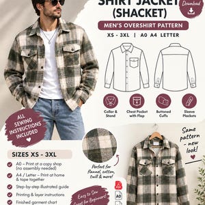 May include: A PDF sewing pattern for a shirt jacket or shacket, featuring sizes XS to 3XL. The document includes technical line drawings of the front and back, details for a collar, chest pockets with flaps, buttoned cuffs, and sleeve plackets.