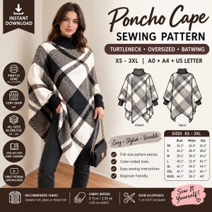 May include: A digital sewing pattern for an oversized batwing poncho cape with a turtleneck. The pattern includes sizes XS-3XL, A0, A4, and US letter formats, with a size chart, fabric requirements, and sewing instructions for a plaid knit garment.