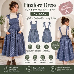 Könnte beinhalten: Ein Schnittmuster für ein blaues Trägerkleid mit weißen Punkten, ausgestattet mit verstellbaren Bindeträgern, einem gerafften Rock und Seitentaschen. Das digitale Dokument enthält Anleitungen für die Größen XS bis XXXL, kompatibel mit A0, A4 und Letter-Formaten.