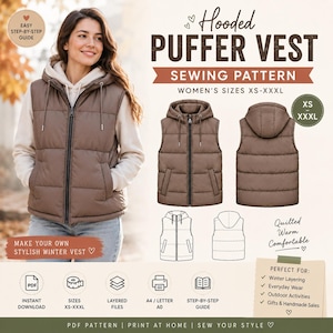 Op de afbeelding: Een digitaal naaipatroon voor een gewatteerd vest met capuchon in maten XS-XXXL. De afbeelding toont een bruin gewatteerd vest met rits, capuchon en zakken, naast technische lijntekeningen, tekstlabels en iconen voor PDF-downloads.