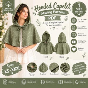 May include: A digital PDF sewing pattern for a hooded capelet featuring a sage green fabric with a white polka dot print. The pattern includes a tie-front closure, a flared silhouette, and instructions for sizes ranging from XS to XXXL.