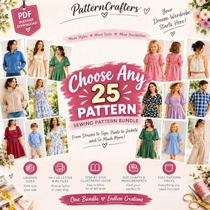 Paquete de patrones de costura, elige cualquiera de los 25 patrones en PDF para mujer, patrones de vestidos, blusas, faldas y pantalones ideales para principiantes, tamaños A0, A4 y Carta (EE. UU.)