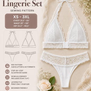 May include: A white lace lingerie set sewing pattern featuring a halter bralette and matching panty. The text includes Lingerie Set, Sewing Pattern, sizes XS-3XL, chest 31.5-55 inches, waist 25-50 inches, hip 34.5-56.5 inches, PDF pattern, A4/US letter & A0 formats, illustrated guide, seam allowance 0.4 inches, layered file, and beginner friendly.