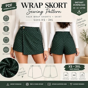 Puede incluir: Un patrón de costura digital para una falda-pantalón cruzada en tela verde oscuro con estampado de puntos blancos. El patrón incluye instrucciones para un diseño cruzado, cremallera trasera, bolsillos laterales y trabillas en tallas XS a 3XL.