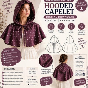 May include: A PDF sewing pattern for a hooded capelet featuring a dark purple fabric with white polka dots. The design includes a front tie closure and a hood. The digital download includes instructions for sizes XS to 3XL, A4 and letter formats.