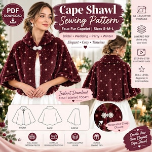 May include: A digital sewing pattern for a faux fur capelet featuring a deep burgundy color with a white polka dot pattern. The design includes a decorative pearl-style clasp closure at the neck. The document displays front, back, and sleeve views.