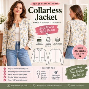 Könnte beinhalten: Ein PDF-Schnittmuster für eine kragenlose Jacke mit kastiger Passform und aufgesetzten Taschen. Das Muster umfasst die Größen XS-XXXL, US 2-30, und zeigt ein florales Design. Es enthält eine bebilderte Schritt-für-Schritt-Anleitung, Stoffverbrauch und Druckanweisungen für zu Hause oder den Copyshop.