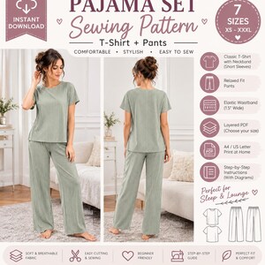 May include: A digital sewing pattern for a pajama set including a short-sleeved t-shirt and pants. The set features a ribbed sage green fabric, a classic neckband, and pants with a 1.5-inch wide elastic waistband. Includes PDF files for home printing.