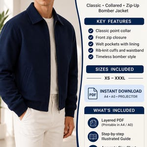 Cartamodello PDF per giacca da uomo / Cartamodello giacca Louis / Cartamodello giacca bomber con colletto e cerniera / XS-3XL / Formato A0 A4 Lettera