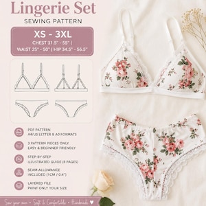 Mönster för underklädesset i PDF-format | Bralette och fräcka trosor | Triangel-BH med spetskant | Mönster för kvinnor | Digitalt nybörjarmönster XS-3XL