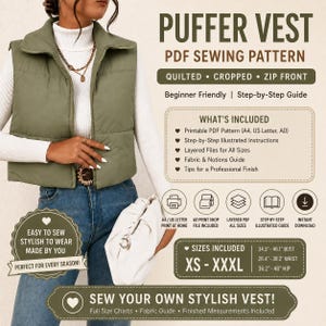 Pode incluir: Molde de costura em PDF para um colete acolchoado curto verde-sálvia com fecho de correr. Inclui ficheiros imprimíveis para tamanhos XS-XXXL, com medidas de busto de 87,1 a 117,1 cm, cintura de 67,1 a 97 cm e anca de 91,9 a 121,9 cm.