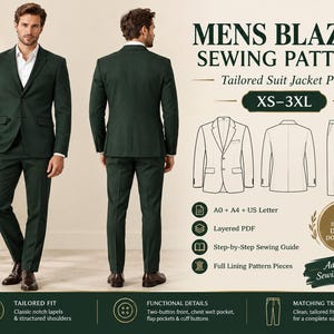 Pode incluir: Um molde de costura digital para um blazer verde-escuro e calças a combinar, rotulado MENS BLAZER SEWING PATTERN. Inclui desenhos técnicos, intervalo de tamanhos XS-3XL e ícones para A0, A4, US Letter, PDF em camadas e guia de costura.