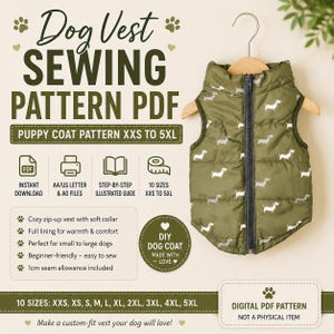 Könnte beinhalten: Ein digitales PDF-Schnittmuster für eine Hundeweste mit dem Text Dog Vest Sewing Pattern PDF und Puppy Coat Pattern XXS to 5XL. Das Bild zeigt eine olivgrüne, gesteppte Weste mit weißem Dackel-Aufdruck und einem dunkelgrauen Reißverschluss.