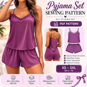 May include: A purple pajama set sewing pattern featuring a camisole with ruffled neckline and matching shorts. The digital PDF includes step-by-step instructions, adjustable straps, an elastic waistband, and sizes ranging from XS to 3XL (US 2-14).