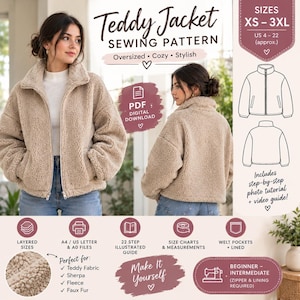 Puede incluir: Un patrón de costura para chaqueta tipo teddy en color beige, disponible como descarga digital PDF en tallas XS a 3XL. Incluye cuello alto, cremallera frontal y bolsillos ribeteados, apto para telas de tipo teddy, sherpa o forro polar.