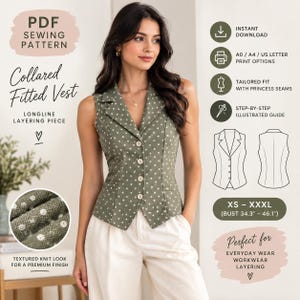 Op de afbeelding: Een PDF-naaipatroon voor een getailleerd vest met kraag in olijfgroen met een wit stippenpatroon. Het vest heeft een knoopsluiting, coupenaden en een lang model. Beschikbaar in de maten XS tot XXXL voor een borstomvang van 87,1 tot 117,1 cm.