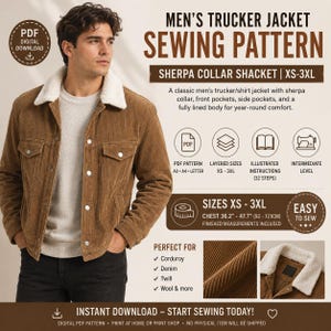 May include: A digital PDF sewing pattern for a brown corduroy trucker jacket with a white sherpa collar. The pattern includes sizes XS-3XL, chest measurements from 92 to 121 cm, illustrated instructions, and is designed for intermediate skill levels.