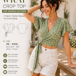 May include: A green wrap crop top with a white floral pattern, featuring a V-neck, flutter sleeves, and a tie-front closure. The text reads WRAP CROP TOP PDF SEWING PATTERN, V Neck, Flutter Sleeve, Tie Front Wrap, SIZE XS - XXXL, Bust 34.3" - 46.1".