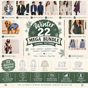 Puede incluir: Un paquete de patrones de costura digitales titulado Winter 22 Mega Bundle con 22 diseños de ropa que incluyen abrigos, chaquetas, suéteres, chalecos, sudaderas con capucha y capas para adultos y perros. Incluye iconos para formatos A4 y A0.