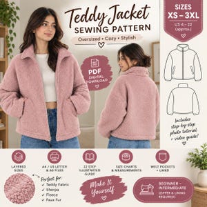Teddy Jacket Sewing Pattern PDF | Women's Sherpa Jacket Pattern XS-3XL | Oversized Zip Up Coat PDF | Fleece Jacket Sewing Pattern Digital