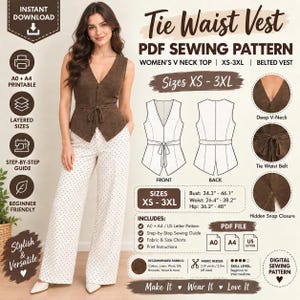 May include: A brown V-neck tie waist vest PDF sewing pattern with sizes XS-3XL. Includes front and back technical drawings, a tie waist belt, and hidden snap closure details. Features bust measurements of 87.1-117.1 cm, waist of 67.1-97 cm, and hip of 91.9-121.9 cm.