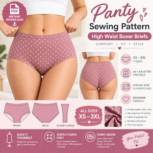 May include: A digital sewing pattern for high-waist boxer briefs featuring a mauve fabric with a white polka dot print. The document includes front and back views, gusset lining details, size charts from XS to 3XL, and instructions for printing.
