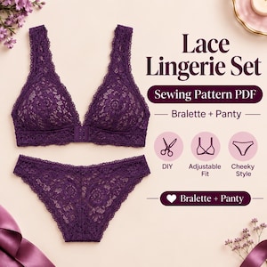 May include: A deep purple lace lingerie set consisting of a bralette and panty. The text reads Lace Lingerie Set, Sewing Pattern PDF, Bralette + Panty, DIY, Adjustable Fit, and Cheeky Style. The design features floral lace patterns and a front clasp.