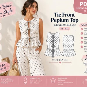Peplum Top Sewing Pattern PDF | Tie Front Sleeveless Blouse Pattern XS-3XL | Ruffle Hem Summer Top | A0 A4 US Letter Printable