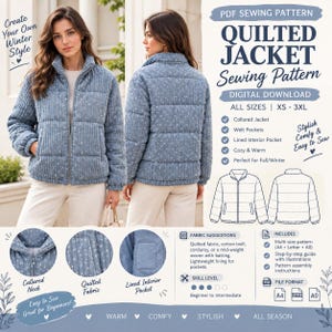 Puede incluir: Un patrón de costura digital en PDF para una chaqueta acolchada de pana azul con estampado de estrellas blancas. El diseño incluye cuello, cremallera frontal, bolsillos ribeteados y un bolsillo interior forrado. Tallas de la XS a la 3XL.