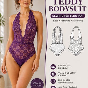 Peut inclure: Un patron de couture PDF pour un body teddy en dentelle violette à encolure américaine. Le modèle présente un décolleté en V profond et des bords festonnés. Inclut les tailles EU 34-44, des fichiers PDF A4, A0, et un guide illustré étape par étape.